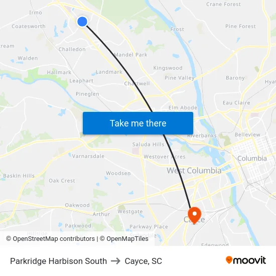 Parkridge Harbison South to Cayce, SC map