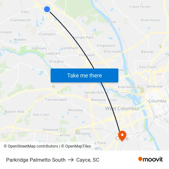 Parkridge Palmetto South to Cayce, SC map