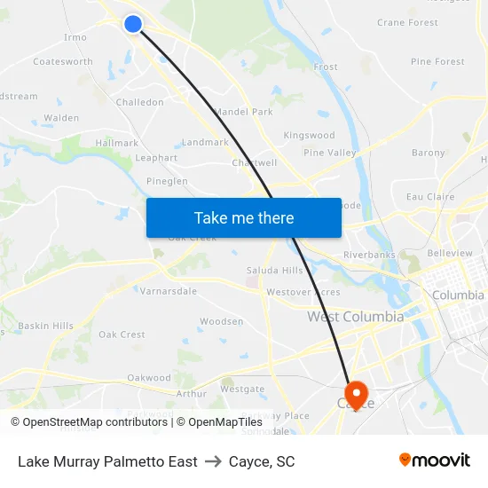 Lake Murray Palmetto East to Cayce, SC map