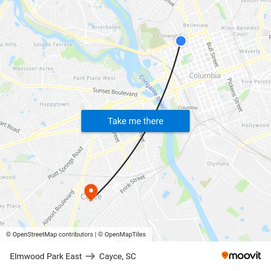 Elmwood Park East to Cayce, SC map