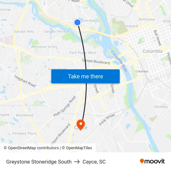 Greystone Stoneridge South to Cayce, SC map