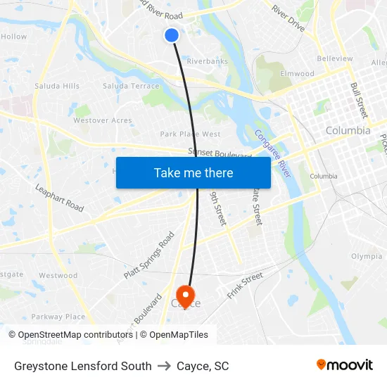 Greystone Lensford South to Cayce, SC map