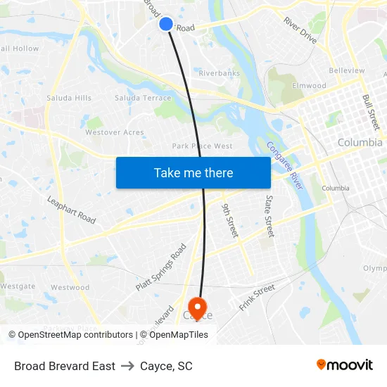 Broad Brevard East to Cayce, SC map