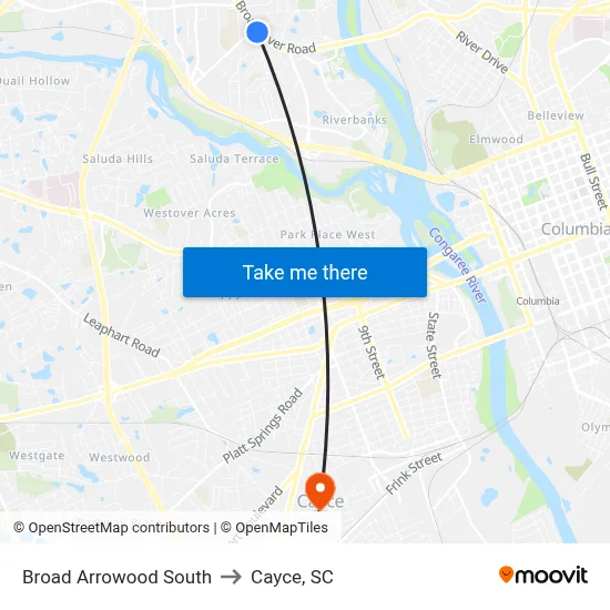 Broad Arrowood South to Cayce, SC map