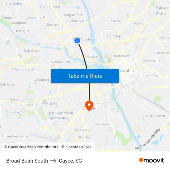 Broad Bush South to Cayce, SC map