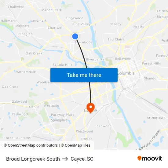 Broad Longcreek South to Cayce, SC map