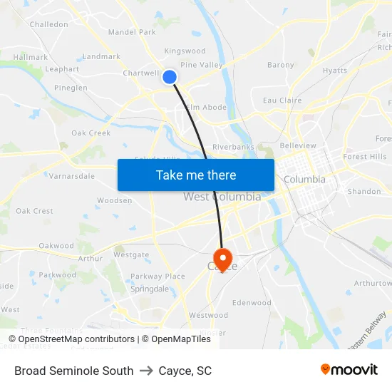 Broad Seminole South to Cayce, SC map