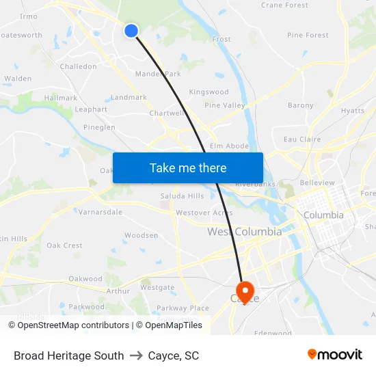 Broad Heritage South to Cayce, SC map
