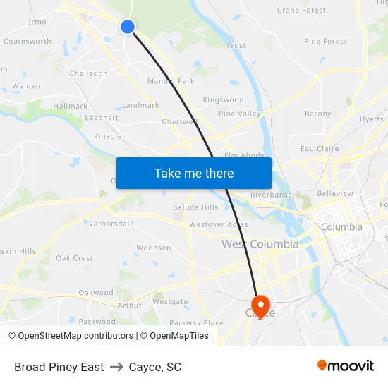 Broad Piney East to Cayce, SC map