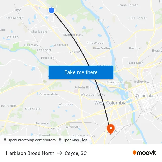 Harbison Broad North to Cayce, SC map