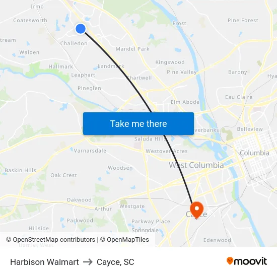 Harbison Walmart to Cayce, SC map