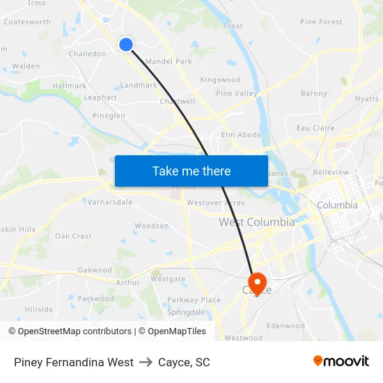 Piney Fernandina West to Cayce, SC map