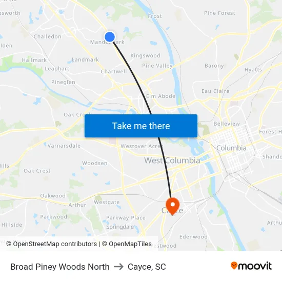 Broad Piney Woods North to Cayce, SC map