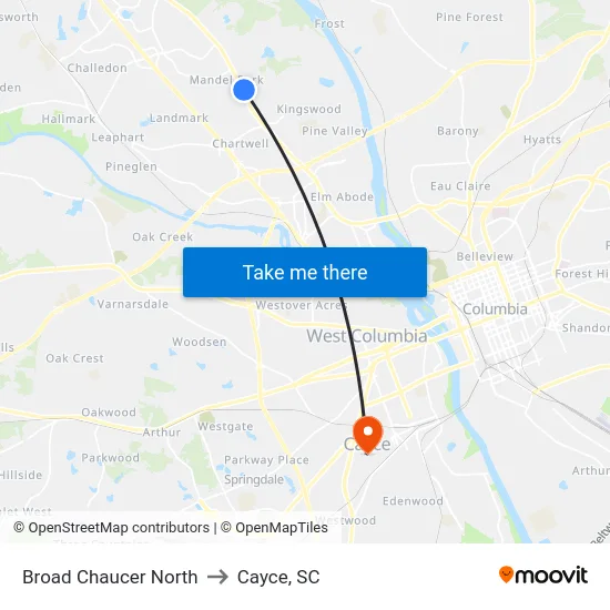 Broad Chaucer North to Cayce, SC map