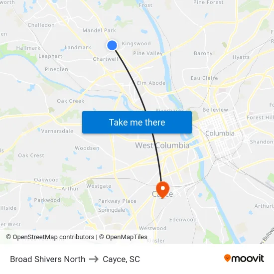 Broad Shivers North to Cayce, SC map