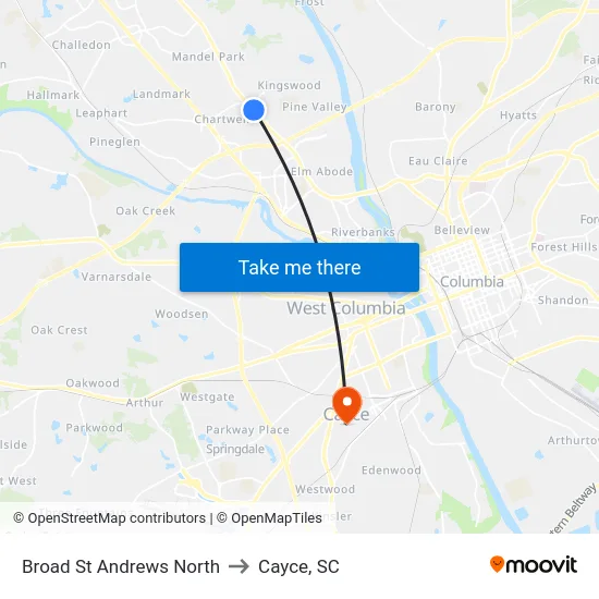 Broad St Andrews North to Cayce, SC map