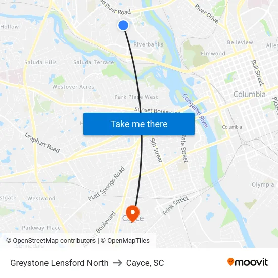 Greystone Lensford North to Cayce, SC map