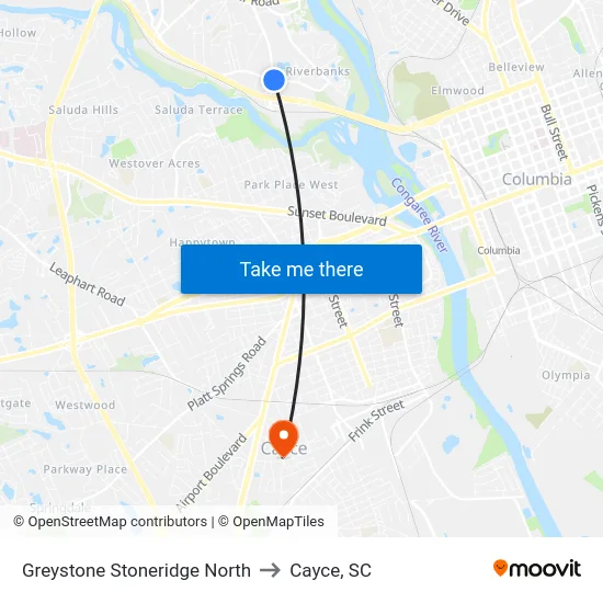 Greystone Stoneridge North to Cayce, SC map