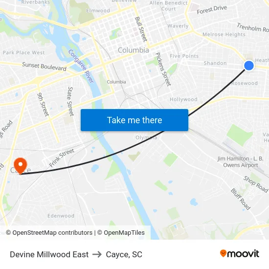 Devine Millwood East to Cayce, SC map