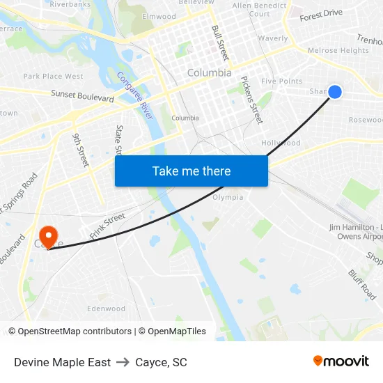 Devine Maple East to Cayce, SC map