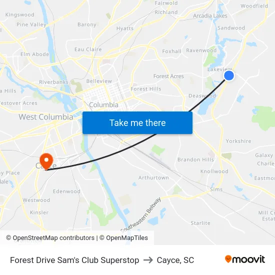 Forest Drive Sam's Club Superstop to Cayce, SC map