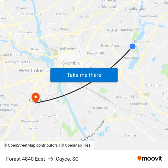 Forest 4840 East to Cayce, SC map