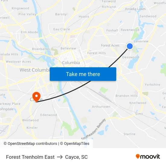 Forest Trenholm East to Cayce, SC map