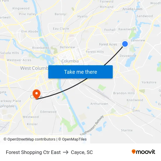 Forest Shopping Ctr East to Cayce, SC map