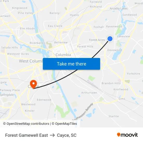 Forest Gamewell East to Cayce, SC map
