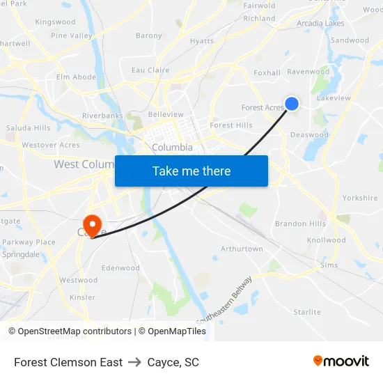 Forest Clemson East to Cayce, SC map