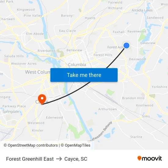 Forest Greenhill East to Cayce, SC map