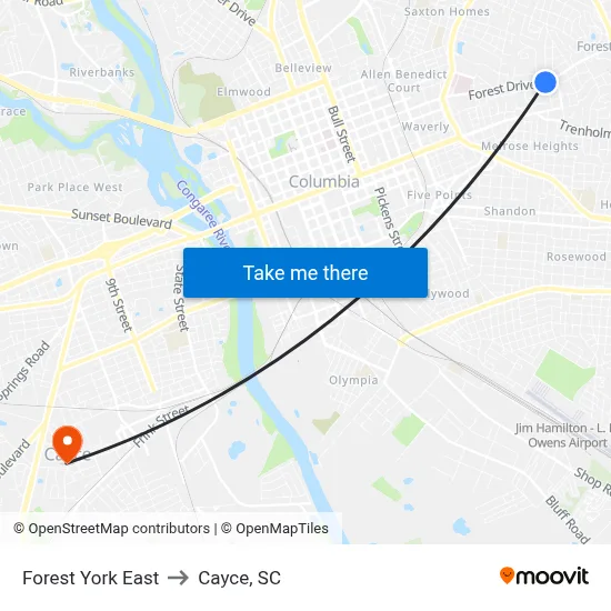 Forest York East to Cayce, SC map