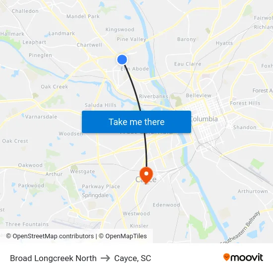 Broad Longcreek North to Cayce, SC map