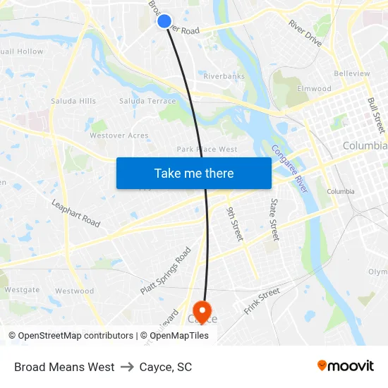 Broad Means West to Cayce, SC map