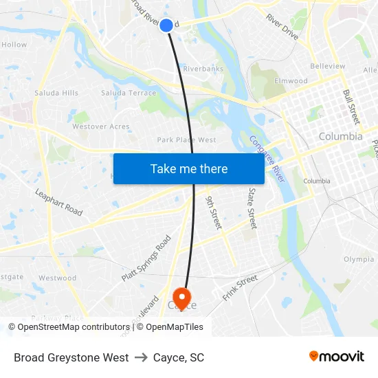 Broad Greystone West to Cayce, SC map