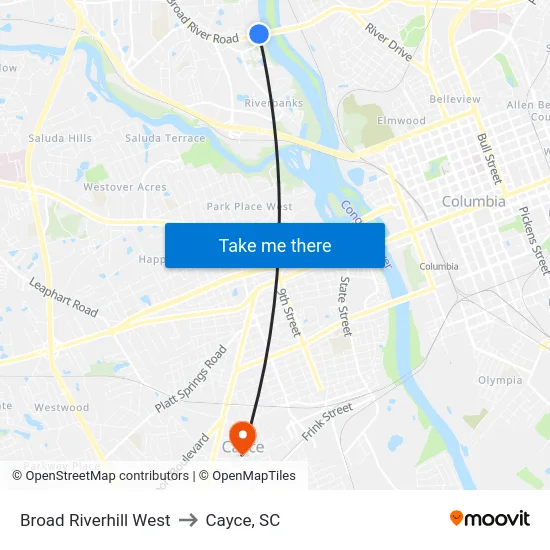 Broad Riverhill West to Cayce, SC map