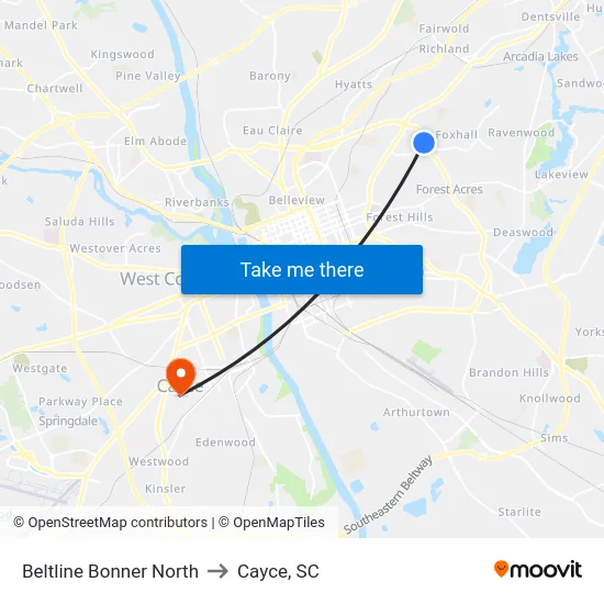 Beltline Bonner North to Cayce, SC map