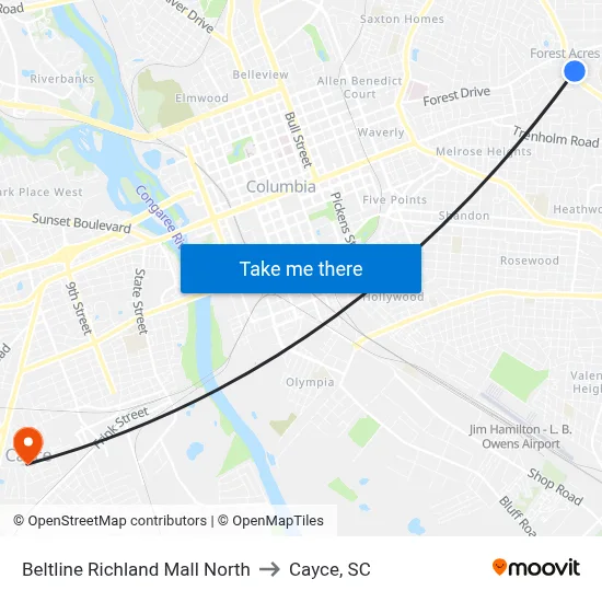 Beltline Richland Mall North to Cayce, SC map