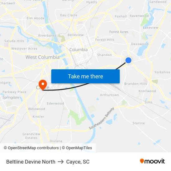 Beltline Devine North to Cayce, SC map