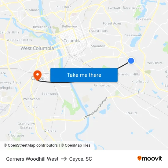 Garners Woodhill West to Cayce, SC map