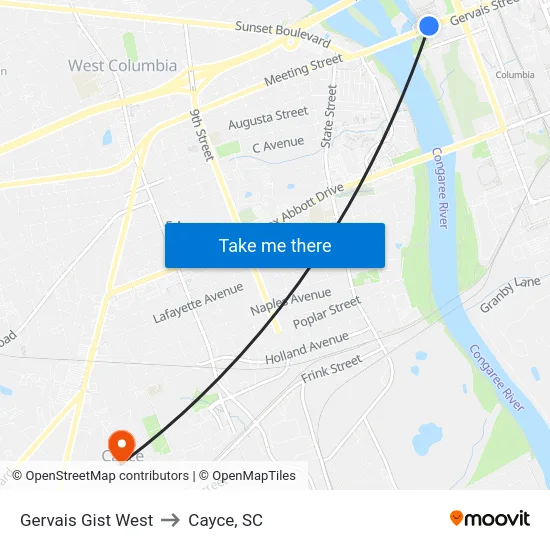 Gervais Gist West to Cayce, SC map