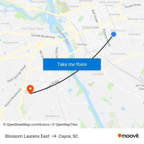Blossom Laurens East to Cayce, SC map