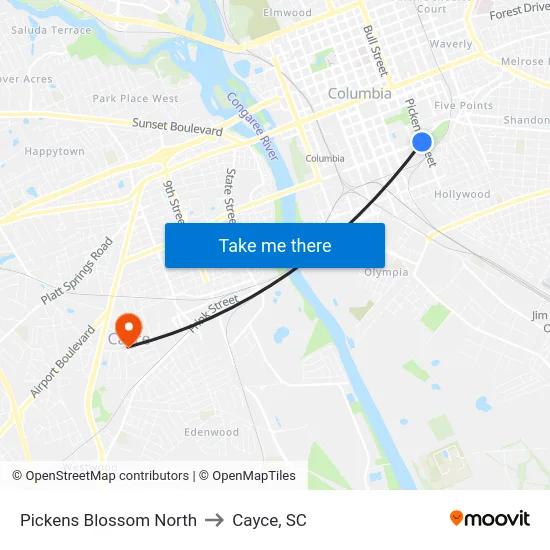 Pickens Blossom North to Cayce, SC map