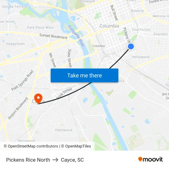 Pickens Rice North to Cayce, SC map