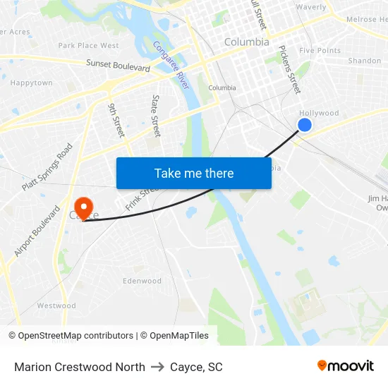 Marion Crestwood North to Cayce, SC map