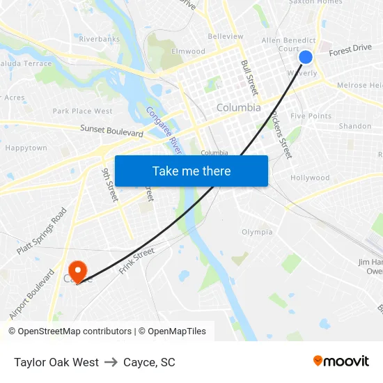 Taylor Oak West to Cayce, SC map