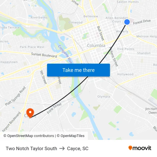 Two Notch Taylor South to Cayce, SC map