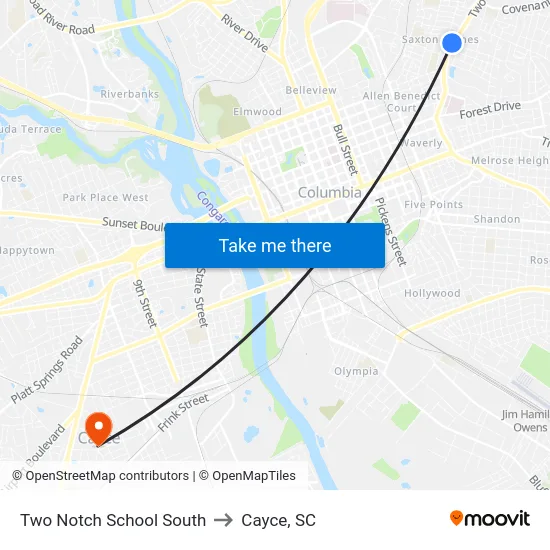 Two Notch School South to Cayce, SC map