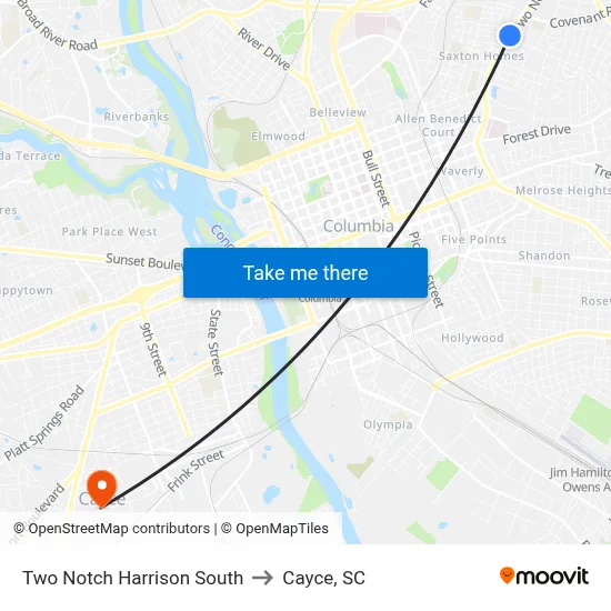 Two Notch Harrison South to Cayce, SC map