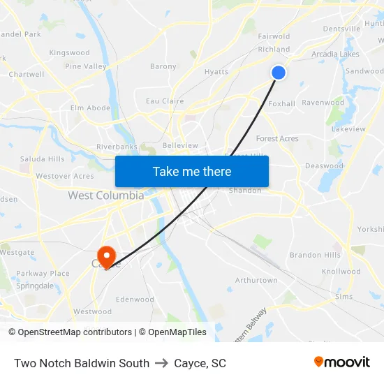 Two Notch Baldwin South to Cayce, SC map